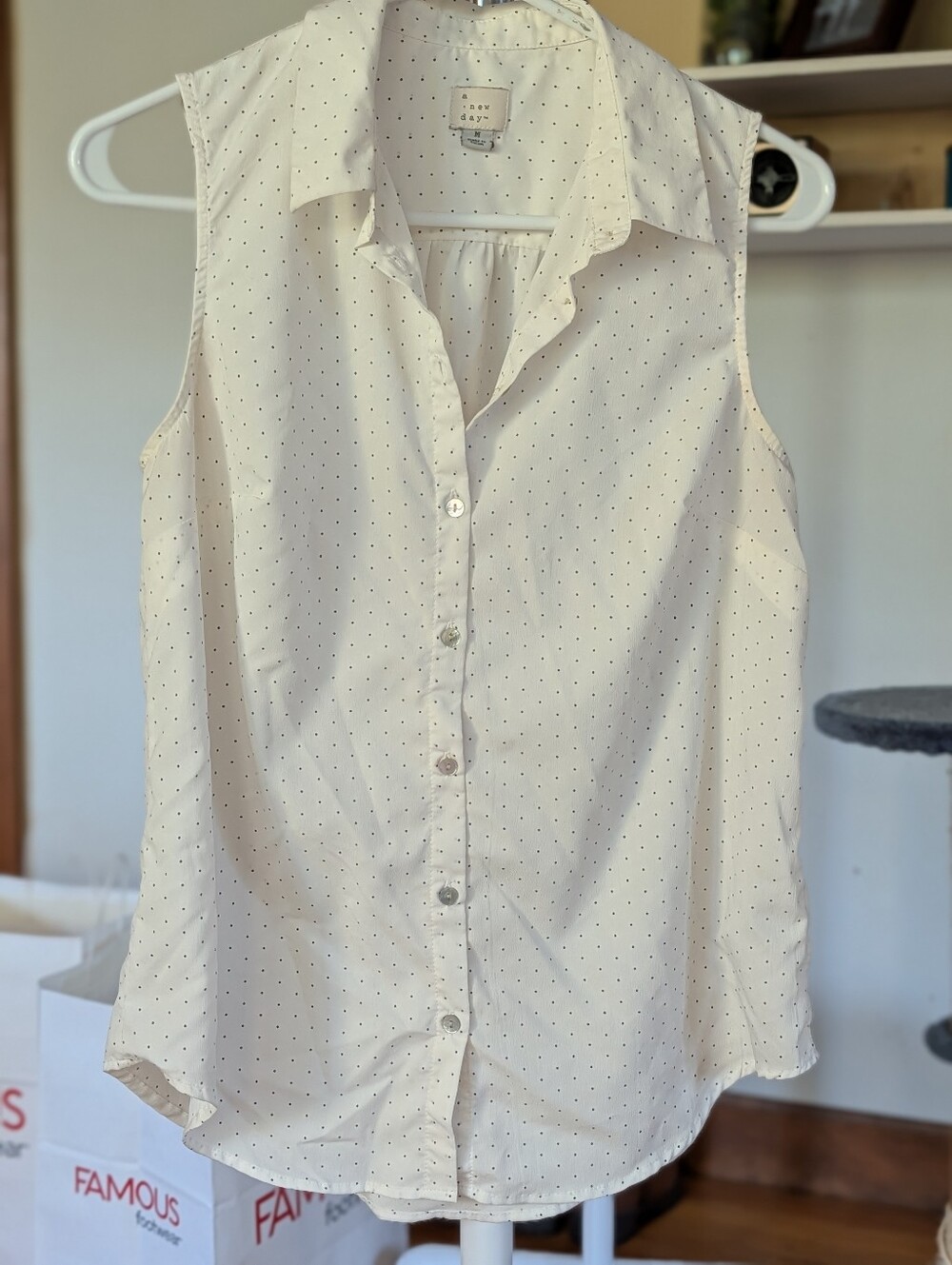 A New Day Cream Polka Dot Sleeveless Button Down Blouse Size M